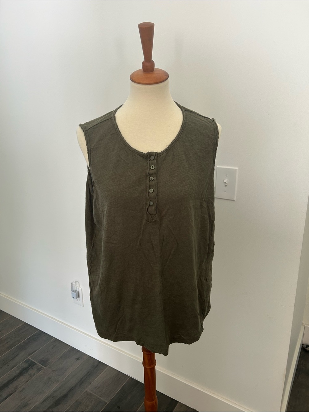 Sleeveless Henley Tank Top in Olive Green